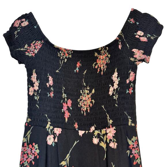 Express Y2K VTG Side Slit Maxi Dress Black Dark Pink Floral Smocked Bodice Small - Picture 5 of 9